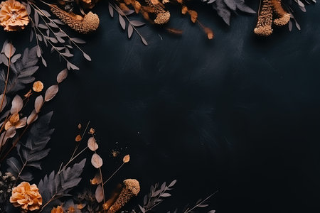Autumn winter floral arrangement on dark background Plants framed Flat lay copy spaceの素材