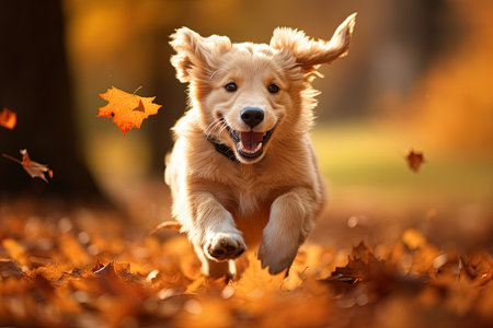 Autumn banner with space playful puppy running in leavesの素材