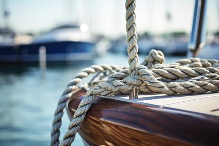 A close up of a knotted rope on a yacht s anchor tied to a stainless steel mooring cleat on the boatの素材