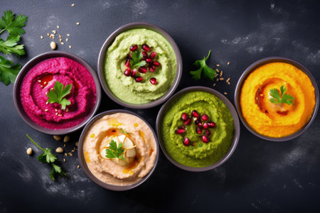Assorted vegan dips in vibrant hummus bowls with traditional Middle Eastern flavors including greenの素材