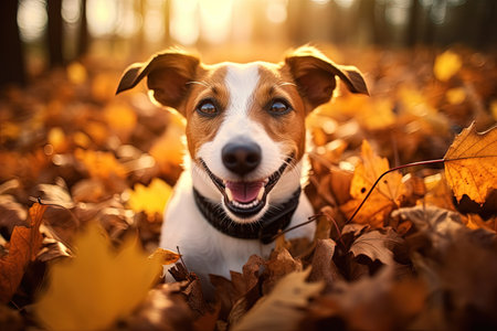 Autumn leaves flat lay with playful Jack Russell terrierの素材