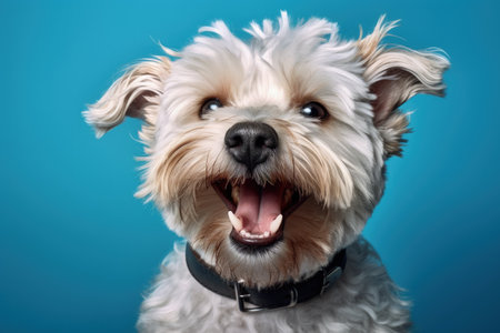 American bully dog with a joyful expression isolated on blueの素材