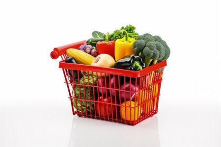 Assorted groceries in a white plastic basketの素材
