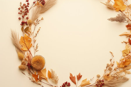 Autumn themed wreath crafted with dried flora on beige backdrop flat layの素材