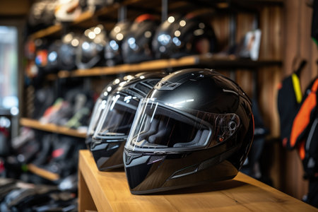 Foto de Biker gear at contemporary store Motorcycle accessories Helmets on wooden backdrop Sharp focus - Imagen libre de derechos