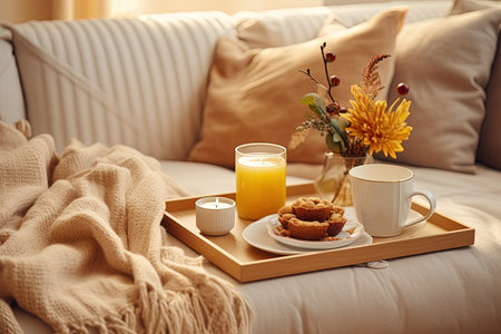 Autumn or winter coziness portrayed in a living room with still life decor sweaters steamy tea on aの素材