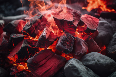 Barbecue coals red and burning in a pileの素材