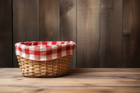 Basket empty tablecloth checked wooden table grunge backgroundの素材