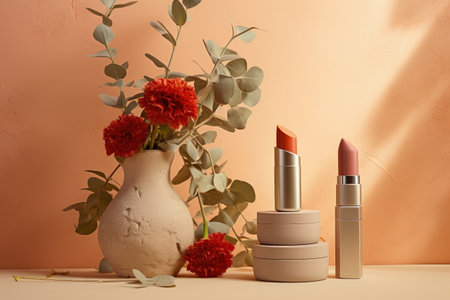 Beige background with decorative plaster podiums lipsticks and eucalyptus branchの素材