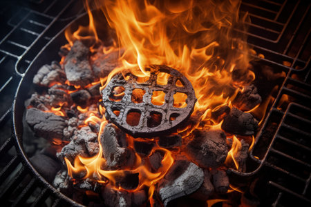 Bird s eye view of burning coals with sparks and white smoke seen through a black barbecue grateの素材