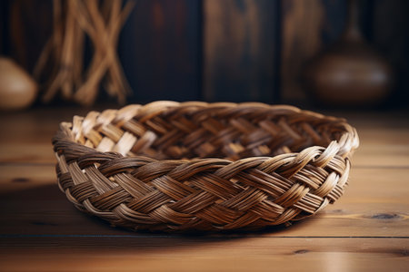 Bamboo basket with braids placed on wooden backdropの素材