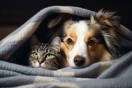 Canine and feline companions hug at homeの素材