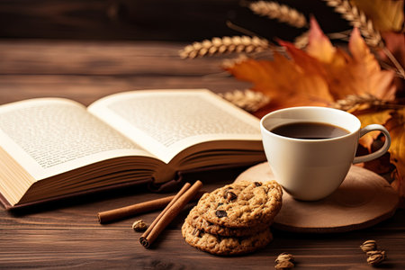 Autumn themed setting with coffee treats and a book on woodの素材