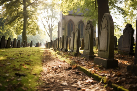 Church with a line of tombstonesの素材