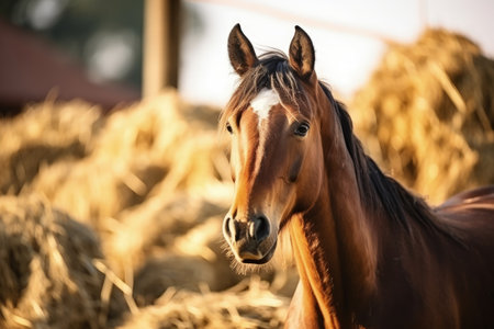 Beautiful bay horse eating dry harvested hay on a warm summer day illuminated by sunlight Farm livesの素材