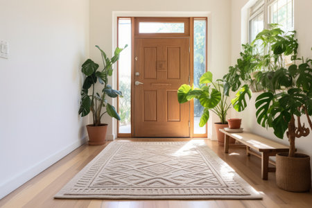 Beautiful houseplant hanger stand and floor mat near entrance in hallwayの素材