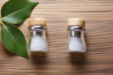 Bay leaves on wooden table with salt and pepper shakers flat layの素材