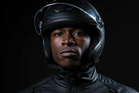 Black motorcyclist wearing a helmet in a portraitの素材