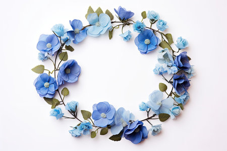 Blue flowers and eucalyptus in a round frame on a white background viewed from above creating a florの素材