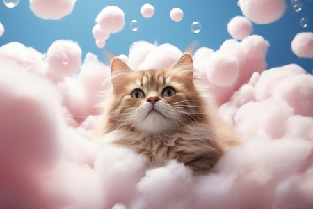 Cat themed surrealistic contemporary art collage featuring a cute cat on fluffy clouds accompanied bの素材