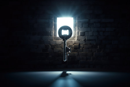 Black room light through keyhole on wall business success conceptの素材