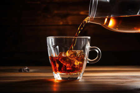 Black tea being poured into a wooden table s glass cupの素材
