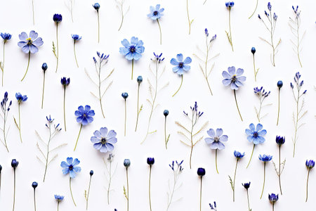 Blue dried flowers arranged on a white surface in a top down viewの素材
