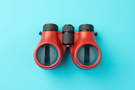 Blue background Binoculars and banner Flat lay top viewの素材