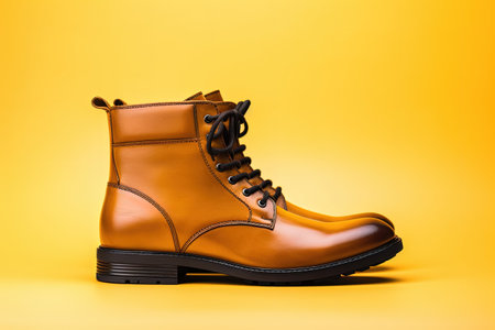 Brown leather men s boot isolated on yellow background Ideal for website and promotional bannersの素材