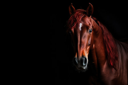 Black background with a portrait of a red horseの素材