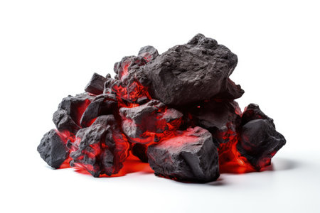 Burning coal isolated on white background mined for industryの素材