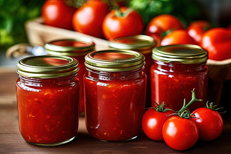 Canned homemade tomato paste and pickled tomatoes in plastic free jars on rustic pantry table closeuの素材