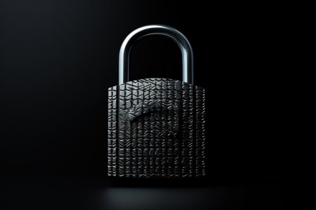 Black textured background with steel padlockの素材