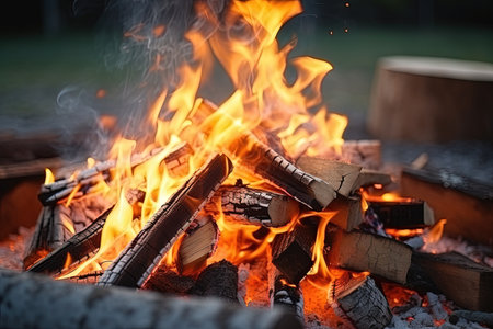 Close up fire from burning firewood BBQ woods flames ash outdoor burning with smoke and campfire flaの素材