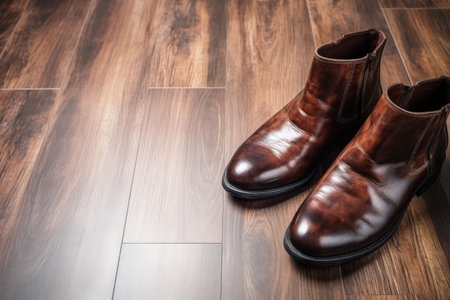 Brown leather boot on the ground man s styleの素材