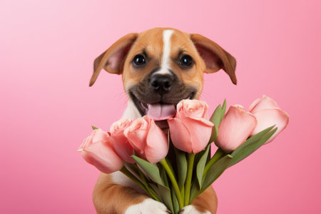 Canine with tulips in mouth pink backdrop Card for special occasionsの素材
