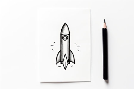 Black pencil with rocket outline on white paper background representing creativity inspiration ideasの素材