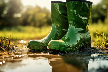 Bright day after rain green rubber boots in a puddleの素材
