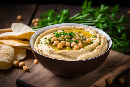 Bowl of chickpea hummus on wooden tableの素材