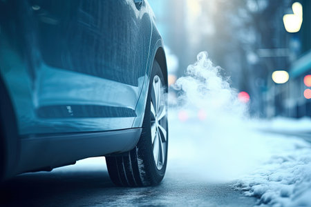 Car exhaust pipe emitting smoke gasoline engine warming up in winter with blue smokeの素材