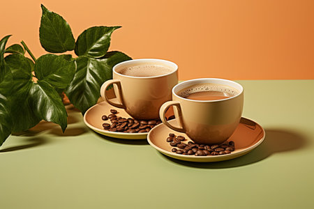 Coffee and green tea in two cups on a beige backgroundの素材