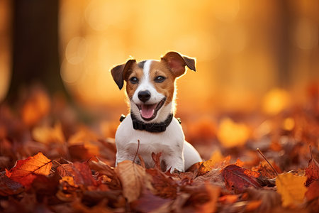 Cheerful Jack Russell Terrier playing in the park s fall foliageの素材