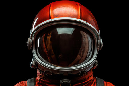 Close up of Soviet cosmonaut suit and helmet on black backgroundの素材
