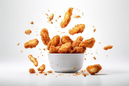 Chicken nuggets dropping into container on white backdropの素材