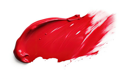 Close up of a red smudged lipstick isolated on a white background resembling a brushstroke with creaの素材
