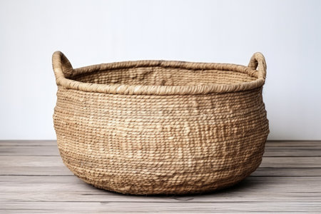 Braided seagrass belly basket with handles for storage or use as cachepot Trendy round design isolatの素材