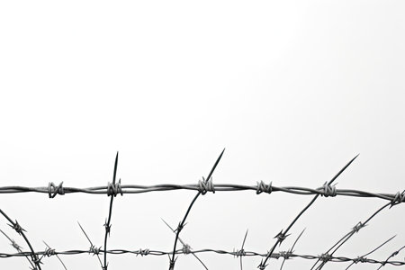 Close up of barbed wire on a white background resembling a prison fenceの素材