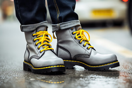 Close up of man s legs in gray jeans and yellow leather boots showcasing men s fashionの素材