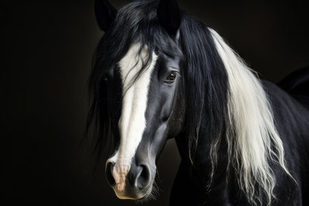 Close up portrait of a black and white horseの素材