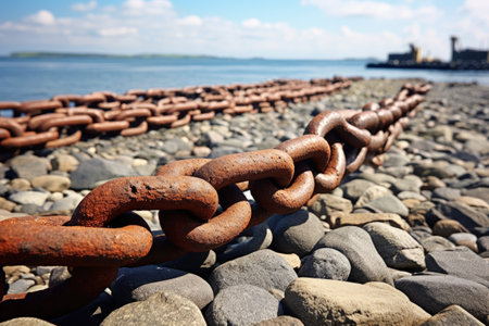 Closeup of a harbor s rusted thick anchor chain lying on the groundの素材